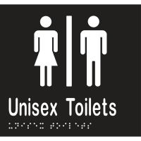 Unisex Toilets Divided Braille Sign in Designer Black Vinyl