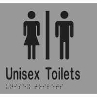 Unisex Toilets Divided Braille Sign in Silver Vinyl