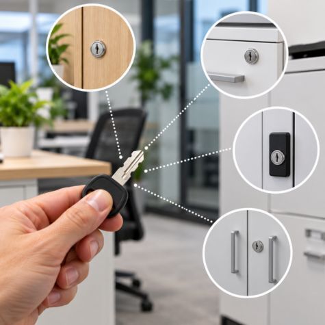 Hand holding a master key and showing it connects to many different cabinet locks