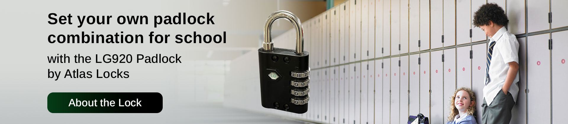 The perfect combination padlock for school. School kids in front of lockers