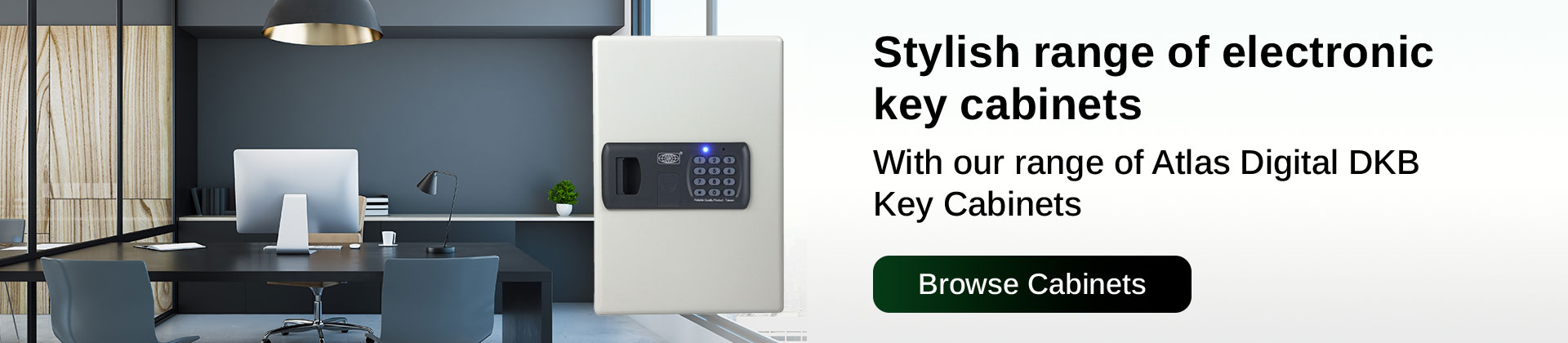 Stylish range of electronic key cabinets. Photo of an Atlas DKB Digital Key Cabinet overlaying a modern office space